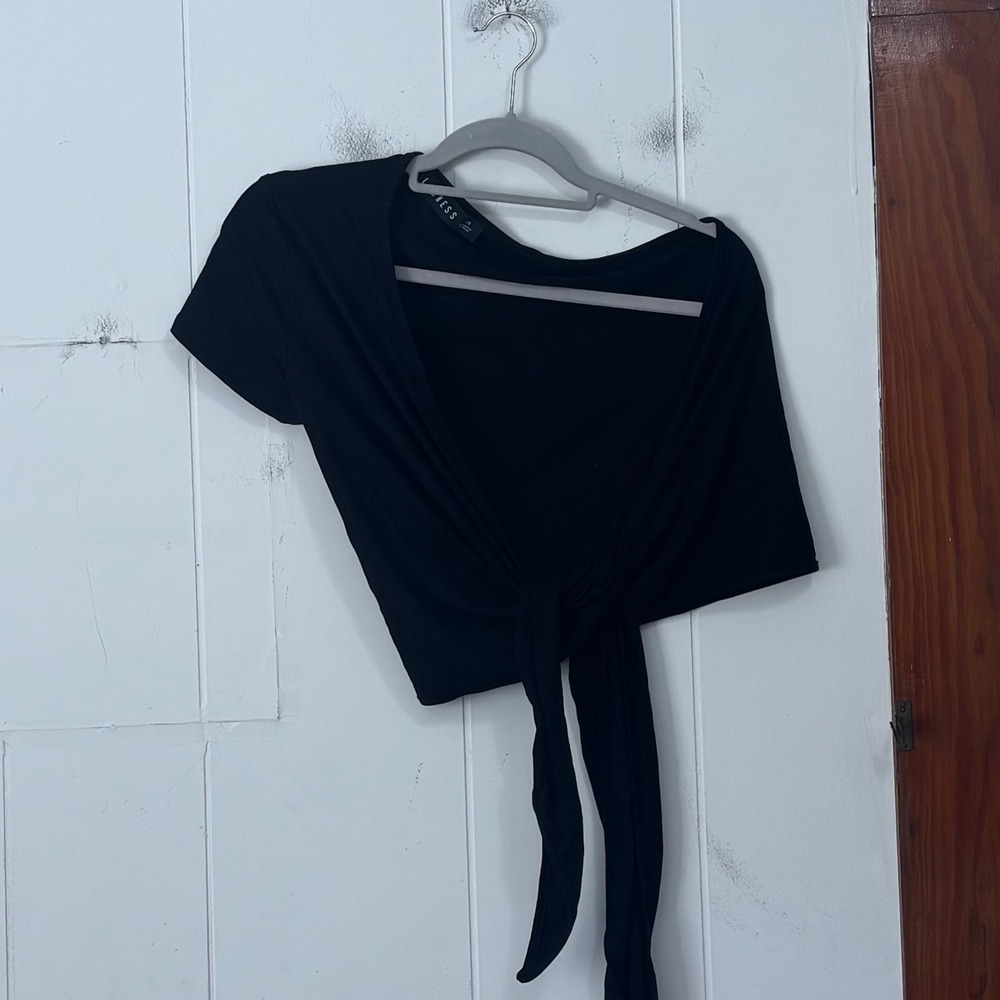 Lioness Womens Black Wrap Tie Front Short Sleeve Crop Top XS Viscose Stretch